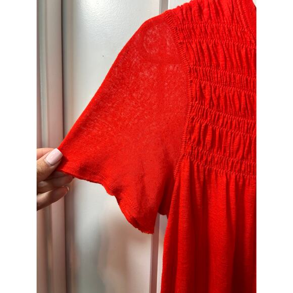Free People Women's Linen Blend Smocked Dani Tee T Shirt Top Red Size XS‎ - Picture 7 of 12